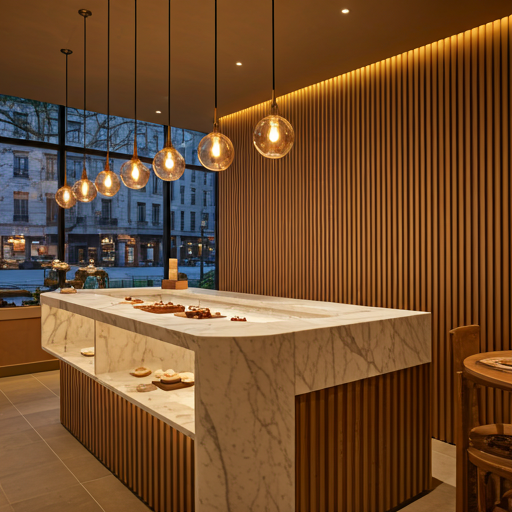 Modern minimalist patisserie interior with marble counters and warm lighting