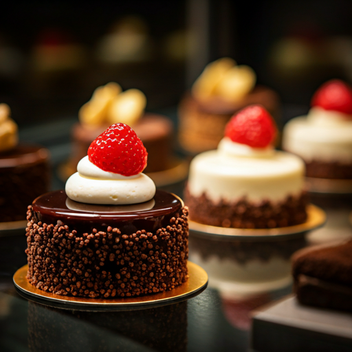 Luxury pastry display case with artisanal cakes illuminated like jewelry